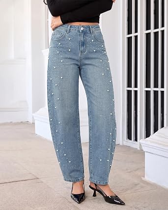 GRAPENT Barrel Jeans Women Rhinestone Pearl Embellished Sparkly Denim Pants High Waisted Jeans, Barrel Leg, Rhinestone and Pearl Embellished, Stretchy Denim Fabric, 29'' Inseam, Trendy, Dressy Casual