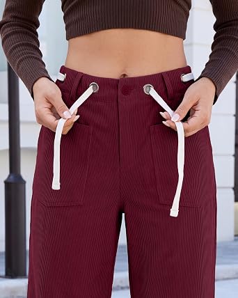 GRAPENT Barrel Corduroy Pants for Women High Waisted Ankle Casual Trousers Barrel Leg, Button-Zip, Elastic Back Waist, Stretchy, Drawstring Waist with Metal Eyelet, Fall Winter Pants, Casual Outfits