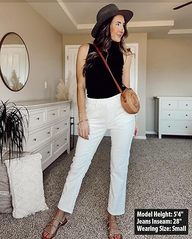 GRAPENT Cream White Women's High Rise Straight Denim Pull On Pant Jean Casual Wear