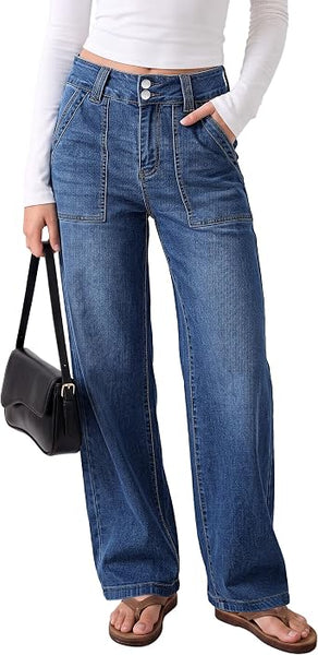 GRAPENT Straight Leg Jeans for Women High Waisted Dual Buttons Denim Pants Soft Stretchy Denim Jeans, Straight Wide Leg, High Rise Fit, Full Length, 29.5" Inseam, Big Pockets, Work Casual, Daily Wear