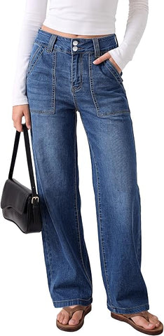 GRAPENT Straight Leg Jeans for Women High Waisted Dual Buttons Denim Pants Soft Stretchy Denim Jeans, Straight Wide Leg, High Rise Fit, Full Length, 29.5" Inseam, Big Pockets, Work Casual, Daily Wear