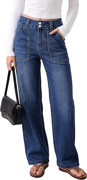 GRAPENT Straight Leg Jeans for Women High Waisted Dual Buttons Denim Pants Soft Stretchy Denim Jeans, Straight Wide Leg, High Rise Fit, Full Length, 29.5" Inseam, Big Pockets, Work Casual, Daily Wear