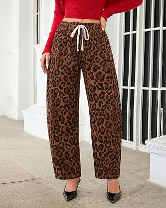 GRAPENT Womens Barrel Corduroy Pants Leopard Cheetah Elastic Waist Trousers Pull On Pants, Barrel Leg, Ankle Length, High Waist with Drawstring, Relaxed Fit, Comfy Fall Winter Pants, Casual Outfits