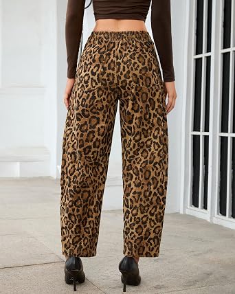GRAPENT Womens Barrel Corduroy Pants Leopard Cheetah Elastic Waist Trousers Pull On Pants, Barrel Leg, Ankle Length, High Waist with Drawstring, Relaxed Fit, Comfy Fall Winter Pants, Casual Outfits