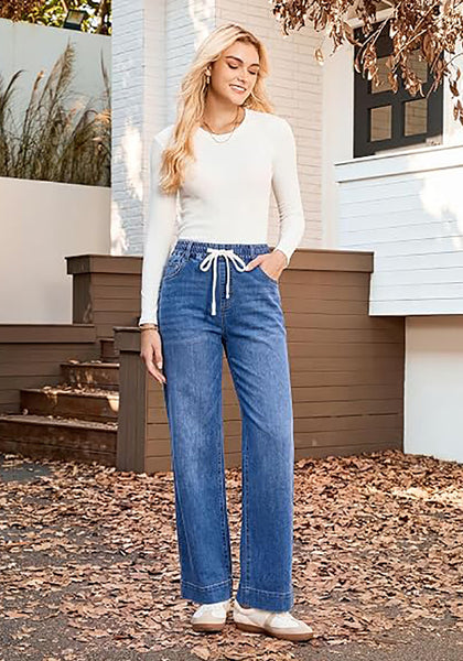 GRAPENT Jeans for Women Straight Leg High Rise Pull On Stretchy Denim Pants | Straight Wide Leg Jeans, High Waisted Fit, Elastic Waist, 29.5" Inseam, Work Office Outfits, Casual Daily Wear