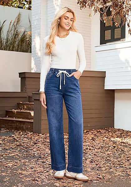 GRAPENT Jeans for Women Straight Leg High Rise Pull On Stretchy Denim Pants | Straight Wide Leg Jeans, High Waisted Fit, Elastic Waist, 29.5" Inseam, Work Office Outfits, Casual Daily Wear