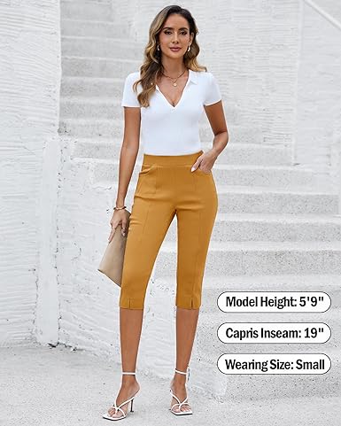 GRAPENT Capri Pants for Women High Waisted Pull On Elastic Waist Dressy Casual Stretchy Capris Trousers Pants Pockets