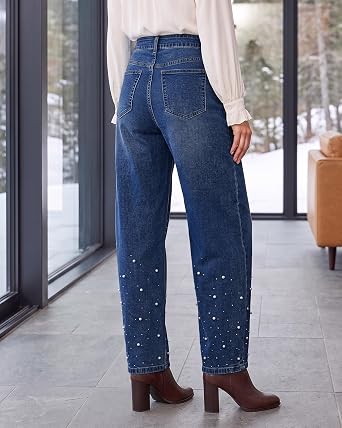 GRAPENT Barrel Jeans Women Rhinestone Pearl Embellished Sparkly Denim Pants High Waisted Jeans, Barrel Leg, Rhinestone and Pearl Embellished, Stretchy Denim Fabric, 29'' Inseam, Trendy, Dressy Casual