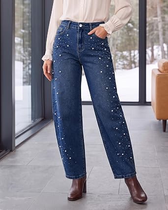 GRAPENT Barrel Jeans Women Rhinestone Pearl Embellished Sparkly Denim Pants High Waisted Jeans, Barrel Leg, Rhinestone and Pearl Embellished, Stretchy Denim Fabric, 29'' Inseam, Trendy, Dressy Casual