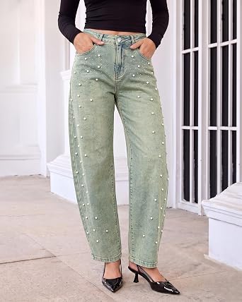 GRAPENT Barrel Jeans Women Rhinestone Pearl Embellished Sparkly Denim Pants High Waisted Jeans, Barrel Leg, Rhinestone and Pearl Embellished, Stretchy Denim Fabric, 29'' Inseam, Trendy, Dressy Casual
