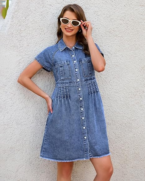 GRAPENT Denim Dresses for Women Short Sleeve Babydoll Pleated Raw Hem Distressed Casual Western Jean Dress with Pockets