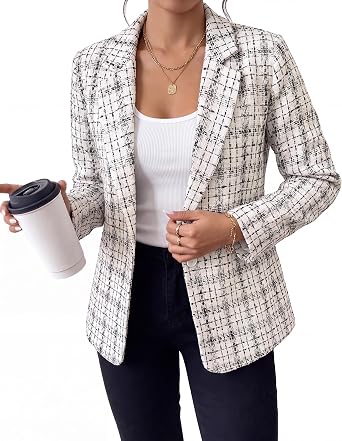GRAPENT Tweed Blazers for Women Plaid Jacket Long Sleeve Work Casual Blazer Notched Lapel, Fully Lined, Shoulder Pads, Single Button, 2 Pockets, Interview, Office outfits, Business Casual Blazers