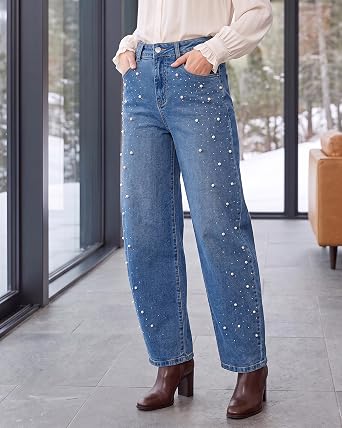 GRAPENT Barrel Jeans Women Rhinestone Pearl Embellished Sparkly Denim Pants High Waisted Jeans, Barrel Leg, Rhinestone and Pearl Embellished, Stretchy Denim Fabric, 29'' Inseam, Trendy, Dressy Casual