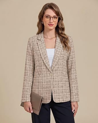 GRAPENT Tweed Blazers for Women Plaid Jacket Long Sleeve Work Casual Blazer Notched Lapel, Fully Lined, Shoulder Pads, Single Button, 2 Pockets, Interview, Office outfits, Business Casual Blazers