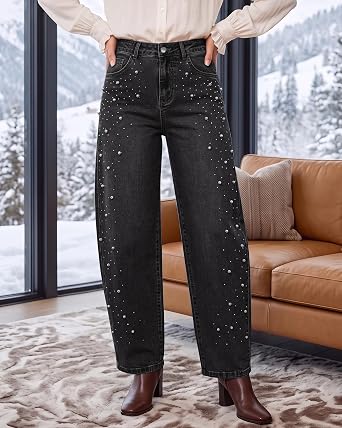 GRAPENT Barrel Jeans Women Rhinestone Pearl Embellished Sparkly Denim Pants High Waisted Jeans, Barrel Leg, Rhinestone and Pearl Embellished, Stretchy Denim Fabric, 29'' Inseam, Trendy, Dressy Casual