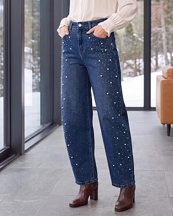 GRAPENT Barrel Jeans Women Rhinestone Pearl Embellished Sparkly Denim Pants High Waisted Jeans, Barrel Leg, Rhinestone and Pearl Embellished, Stretchy Denim Fabric, 29'' Inseam, Trendy, Dressy Casual
