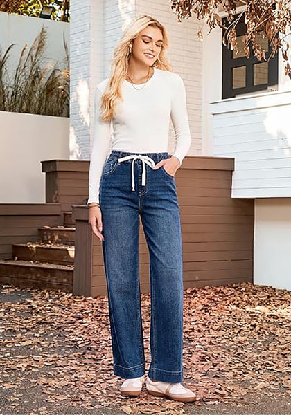 GRAPENT Jeans for Women Straight Leg High Rise Pull On Stretchy Denim Pants | Straight Wide Leg Jeans, High Waisted Fit, Elastic Waist, 29.5" Inseam, Work Office Outfits, Casual Daily Wear
