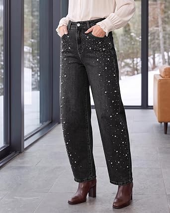 GRAPENT Barrel Jeans Women Rhinestone Pearl Embellished Sparkly Denim Pants High Waisted Jeans, Barrel Leg, Rhinestone and Pearl Embellished, Stretchy Denim Fabric, 29'' Inseam, Trendy, Dressy Casual