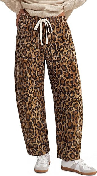 GRAPENT Womens Barrel Corduroy Pants Leopard Cheetah Elastic Waist Trousers Pull On Pants, Barrel Leg, Ankle Length, High Waist with Drawstring, Relaxed Fit, Comfy Fall Winter Pants, Casual Outfits