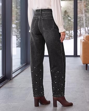 GRAPENT Barrel Jeans Women Rhinestone Pearl Embellished Sparkly Denim Pants High Waisted Jeans, Barrel Leg, Rhinestone and Pearl Embellished, Stretchy Denim Fabric, 29'' Inseam, Trendy, Dressy Casual