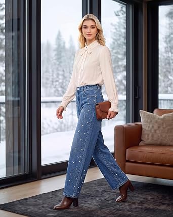 GRAPENT Barrel Jeans Women Rhinestone Pearl Embellished Sparkly Denim Pants High Waisted Jeans, Barrel Leg, Rhinestone and Pearl Embellished, Stretchy Denim Fabric, 29'' Inseam, Trendy, Dressy Casual