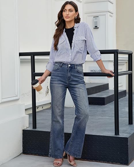 GRAPENT Flare Jeans for Women Trendy High Rise Classic Stretchy Denim Pants | Wide Leg Flare Jeans, High Waisted Stretch Denim, 30.5" Inseam, 90s Retro, Business Casual, Country Concert, Everyday Wear