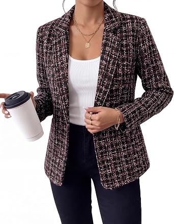 GRAPENT Tweed Blazers for Women Plaid Jacket Long Sleeve Work Casual Blazer Notched Lapel, Fully Lined, Shoulder Pads, Single Button, 2 Pockets, Interview, Office outfits, Business Casual Blazers