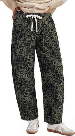 GRAPENT Womens Barrel Corduroy Pants Leopard Cheetah Elastic Waist Trousers Pull On Pants, Barrel Leg, Ankle Length, High Waist with Drawstring, Relaxed Fit, Comfy Fall Winter Pants, Casual Outfits