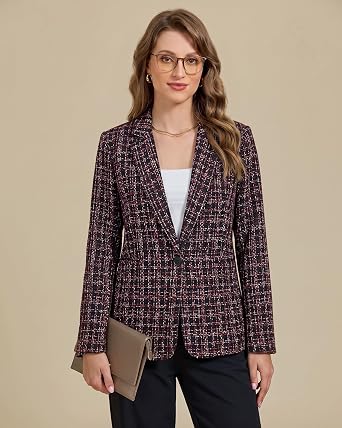 GRAPENT Tweed Blazers for Women Plaid Jacket Long Sleeve Work Casual Blazer Notched Lapel, Fully Lined, Shoulder Pads, Single Button, 2 Pockets, Interview, Office outfits, Business Casual Blazers