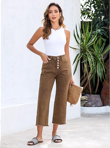 Grarpent Women's High Waist Denim Wide Legs Jeans Pants With Front pockets