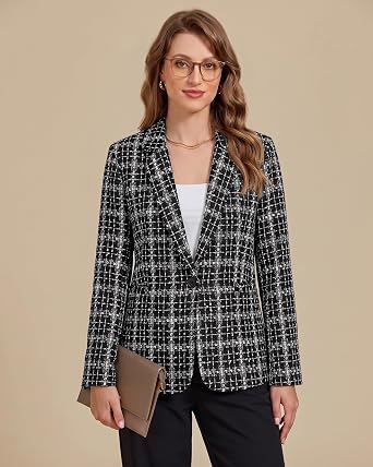 GRAPENT Tweed Blazers for Women Plaid Jacket Long Sleeve Work Casual Blazer Notched Lapel, Fully Lined, Shoulder Pads, Single Button, 2 Pockets, Interview, Office outfits, Business Casual Blazers