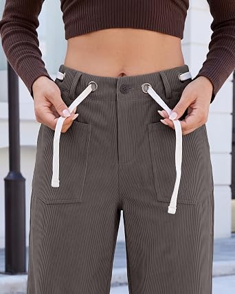 GRAPENT Barrel Corduroy Pants for Women High Waisted Ankle Casual Trousers Barrel Leg, Button-Zip, Elastic Back Waist, Stretchy, Drawstring Waist with Metal Eyelet, Fall Winter Pants, Casual Outfits