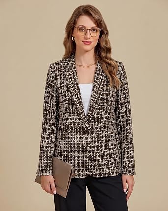 GRAPENT Tweed Blazers for Women Plaid Jacket Long Sleeve Work Casual Blazer Notched Lapel, Fully Lined, Shoulder Pads, Single Button, 2 Pockets, Interview, Office outfits, Business Casual Blazers
