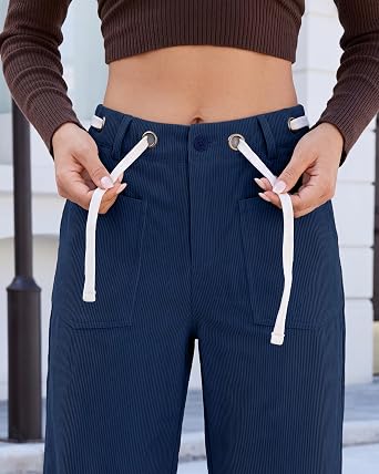 GRAPENT Barrel Corduroy Pants for Women High Waisted Ankle Casual Trousers Barrel Leg, Button-Zip, Elastic Back Waist, Stretchy, Drawstring Waist with Metal Eyelet, Fall Winter Pants, Casual Outfits
