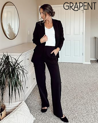 GRAPENT  Women's Formal 2 piece Suit Jacket High Waist Straight Pants Suit Business Casual Office Wear