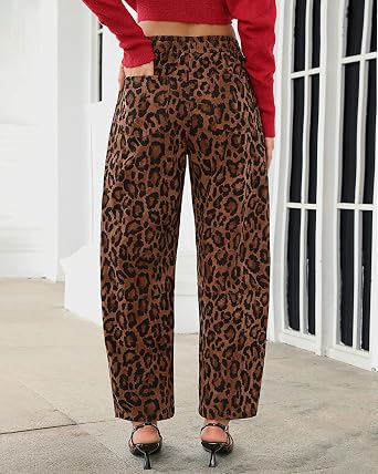 GRAPENT Womens Barrel Corduroy Pants Leopard Cheetah Elastic Waist Trousers Pull On Pants, Barrel Leg, Ankle Length, High Waist with Drawstring, Relaxed Fit, Comfy Fall Winter Pants, Casual Outfits