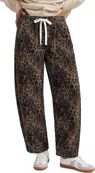 GRAPENT Womens Barrel Corduroy Pants Leopard Cheetah Elastic Waist Trousers Pull On Pants, Barrel Leg, Ankle Length, High Waist with Drawstring, Relaxed Fit, Comfy Fall Winter Pants, Casual Outfits