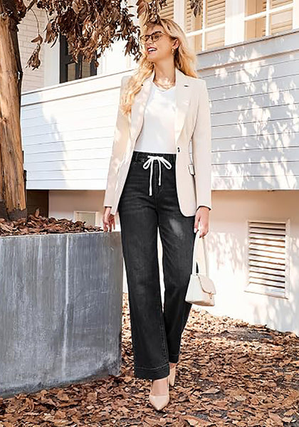 GRAPENT Jeans for Women Straight Leg High Rise Pull On Stretchy Denim Pants | Straight Wide Leg Jeans, High Waisted Fit, Elastic Waist, 29.5" Inseam, Work Office Outfits, Casual Daily Wear
