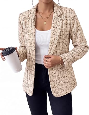 GRAPENT Tweed Blazers for Women Plaid Jacket Long Sleeve Work Casual Blazer Notched Lapel, Fully Lined, Shoulder Pads, Single Button, 2 Pockets, Interview, Office outfits, Business Casual Blazers