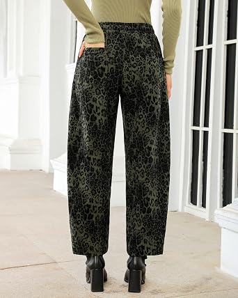GRAPENT Womens Barrel Corduroy Pants Leopard Cheetah Elastic Waist Trousers Pull On Pants, Barrel Leg, Ankle Length, High Waist with Drawstring, Relaxed Fit, Comfy Fall Winter Pants, Casual Outfits