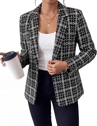 GRAPENT Tweed Blazers for Women Plaid Jacket Long Sleeve Work Casual Blazer Notched Lapel, Fully Lined, Shoulder Pads, Single Button, 2 Pockets, Interview, Office outfits, Business Casual Blazers