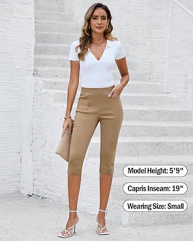 GRAPENT Capri Pants for Women High Waisted Pull On Elastic Waist Dressy Casual Stretchy Capris Trousers Pants Pockets