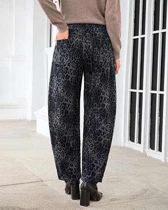 GRAPENT Womens Barrel Corduroy Pants Leopard Cheetah Elastic Waist Trousers Pull On Pants, Barrel Leg, Ankle Length, High Waist with Drawstring, Relaxed Fit, Comfy Fall Winter Pants, Casual Outfits
