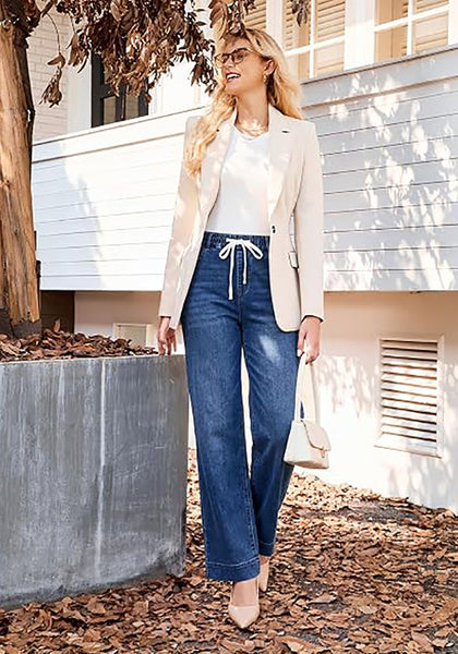 GRAPENT Jeans for Women Straight Leg High Rise Pull On Stretchy Denim Pants | Straight Wide Leg Jeans, High Waisted Fit, Elastic Waist, 29.5" Inseam, Work Office Outfits, Casual Daily Wear