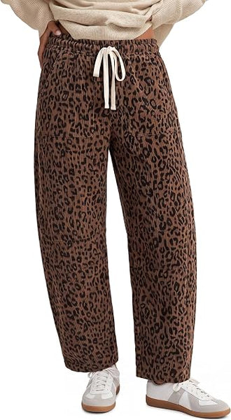 GRAPENT Womens Barrel Corduroy Pants Leopard Cheetah Elastic Waist Trousers Pull On Pants, Barrel Leg, Ankle Length, High Waist with Drawstring, Relaxed Fit, Comfy Fall Winter Pants, Casual Outfits