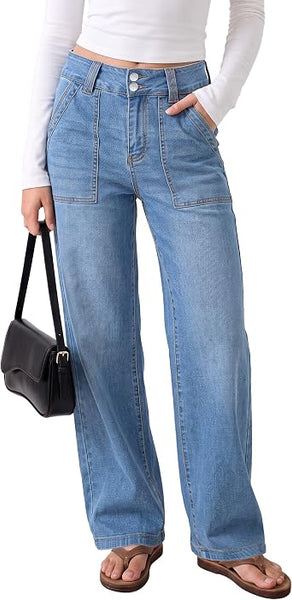 GRAPENT Straight Leg Jeans for Women High Waisted Dual Buttons Denim Pants Soft Stretchy Denim Jeans, Straight Wide Leg, High Rise Fit, Full Length, 29.5" Inseam, Big Pockets, Work Casual, Daily Wear