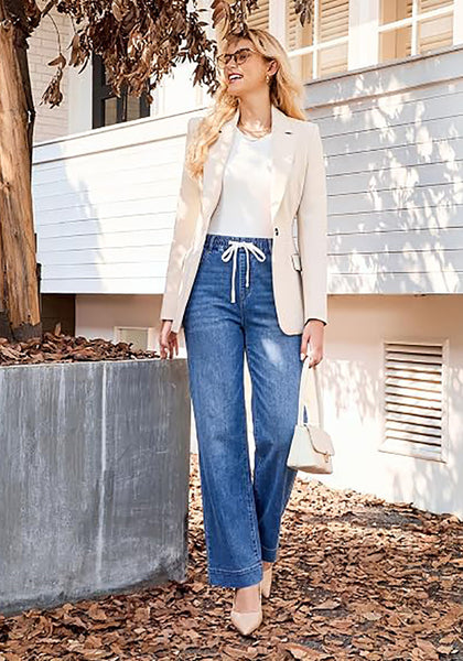 GRAPENT Jeans for Women Straight Leg High Rise Pull On Stretchy Denim Pants | Straight Wide Leg Jeans, High Waisted Fit, Elastic Waist, 29.5" Inseam, Work Office Outfits, Casual Daily Wear