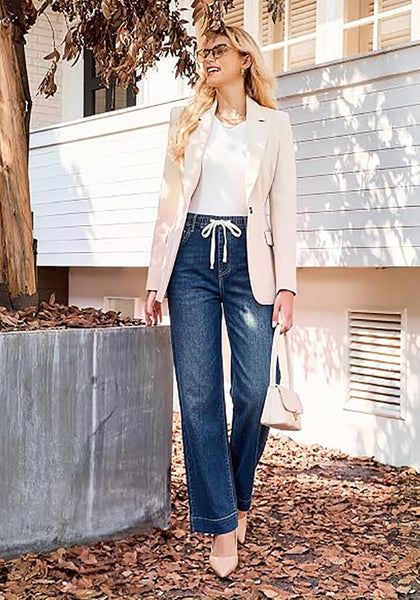 GRAPENT Jeans for Women Straight Leg High Rise Pull On Stretchy Denim Pants | Straight Wide Leg Jeans, High Waisted Fit, Elastic Waist, 29.5" Inseam, Work Office Outfits, Casual Daily Wear