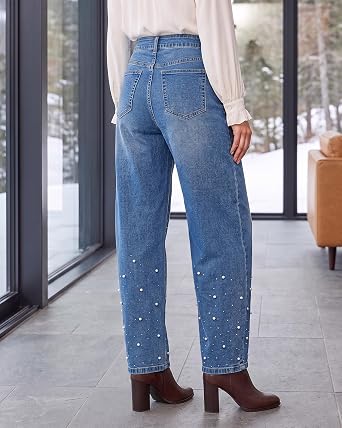 GRAPENT Barrel Jeans Women Rhinestone Pearl Embellished Sparkly Denim Pants High Waisted Jeans, Barrel Leg, Rhinestone and Pearl Embellished, Stretchy Denim Fabric, 29'' Inseam, Trendy, Dressy Casual