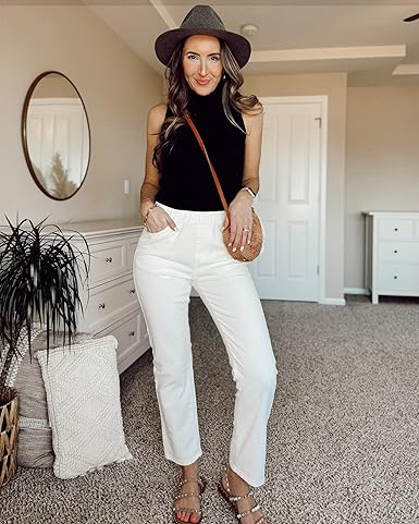 GRAPENT Cream White Women's High Rise Straight Denim Pull On Pant Jean Casual Wear